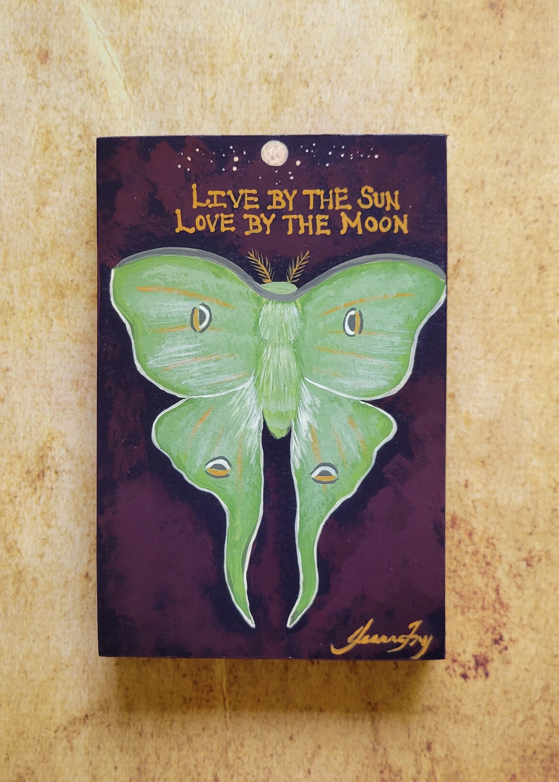 Love by the Moon - Luna Moth Original Painting 4x6 on Birch Wood