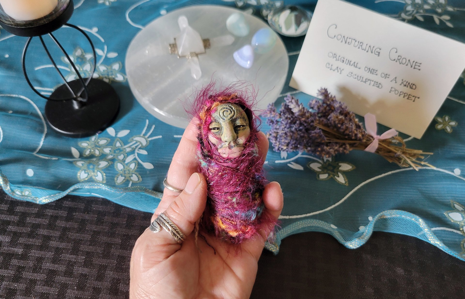 Conjuring Crone - OOAK Clay Poppet with Fabric Pouch 