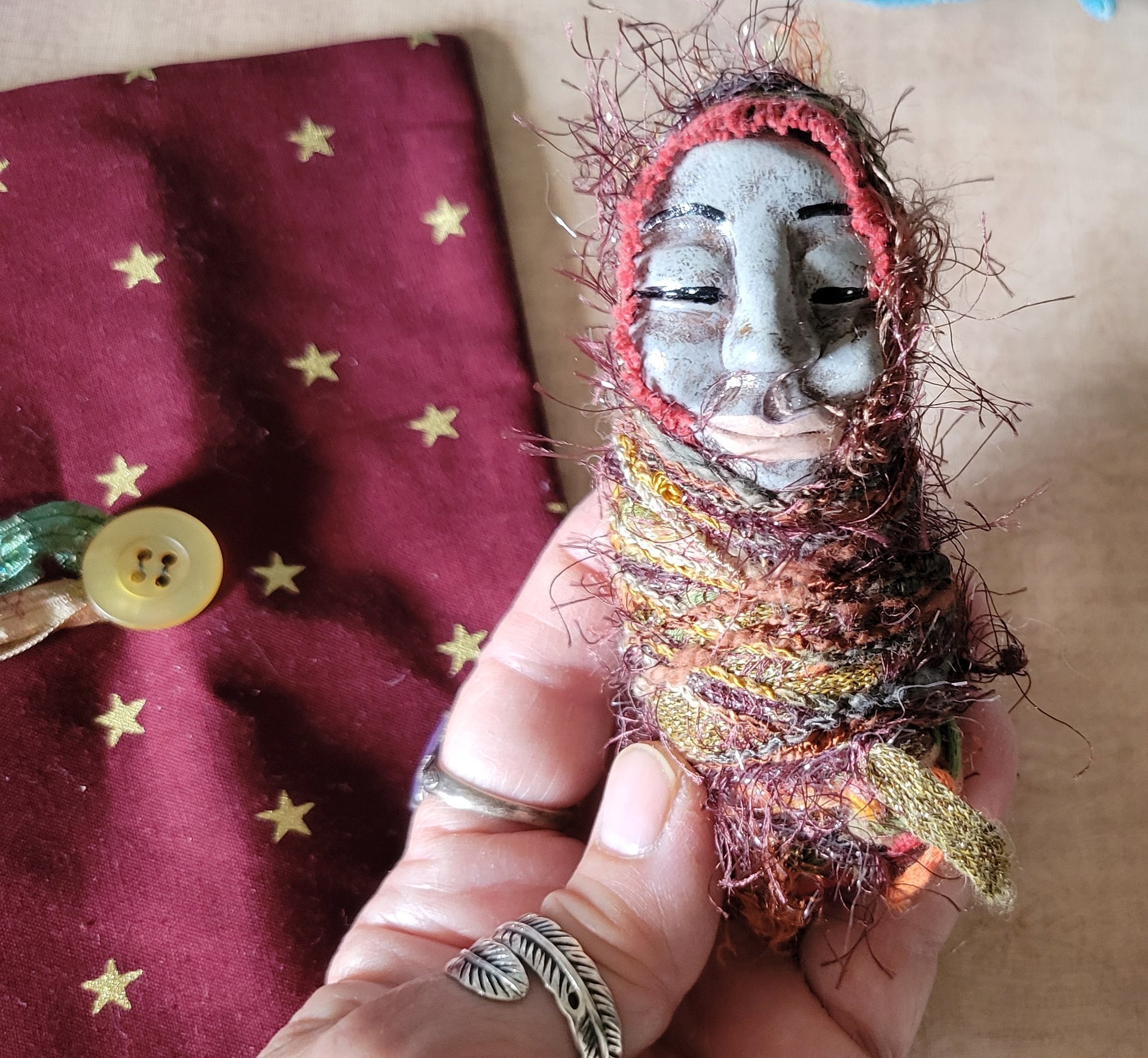 Conjuring Crone - OOAK Clay Sculpted Poppet with Fabric Pouch