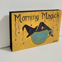 Witch in Coffee Cup - Morning Magick- Original Painting on Birch Wood