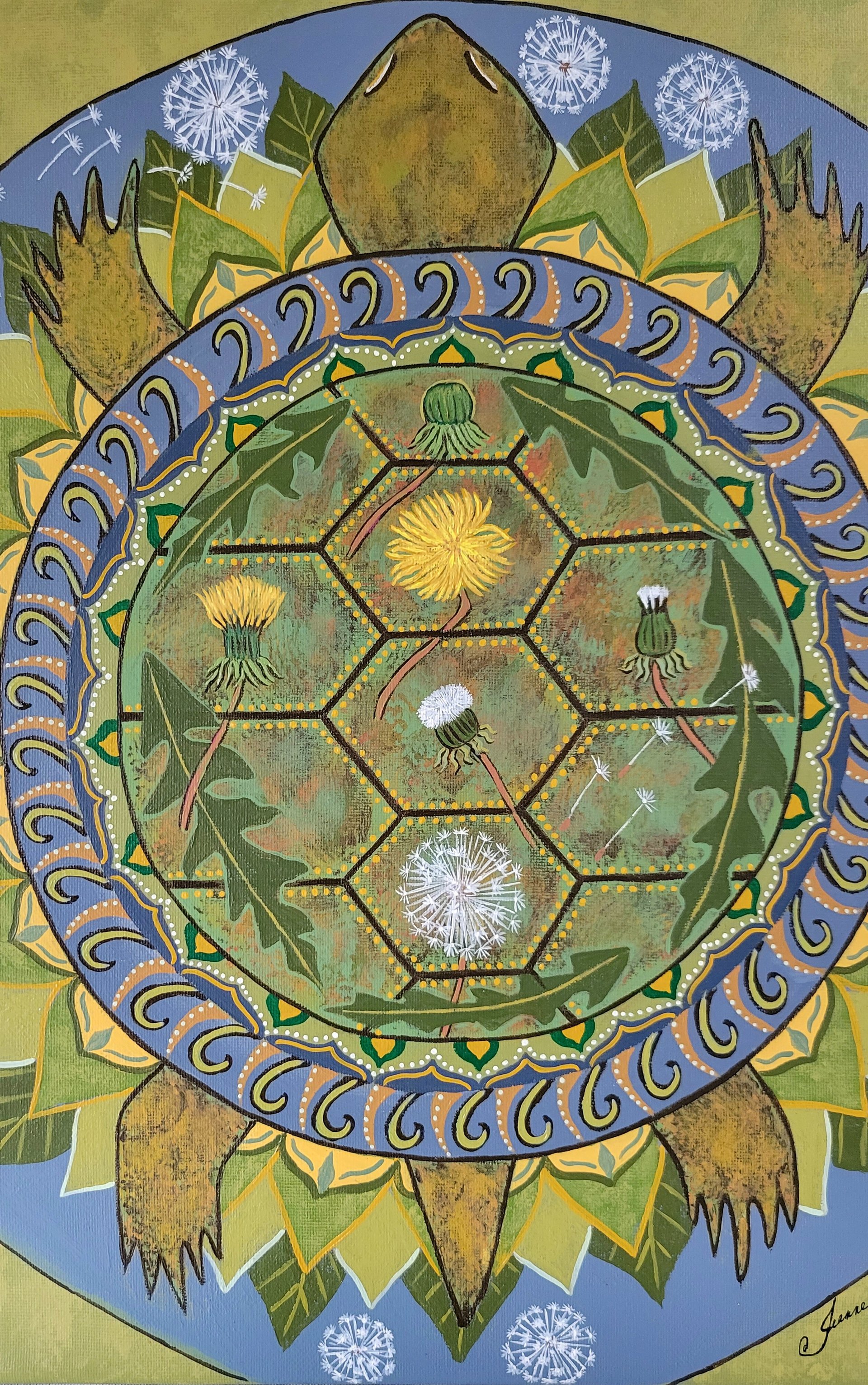 Cycles of Life - Original Mandala Painting - Turtle with Dandelions 12x16
