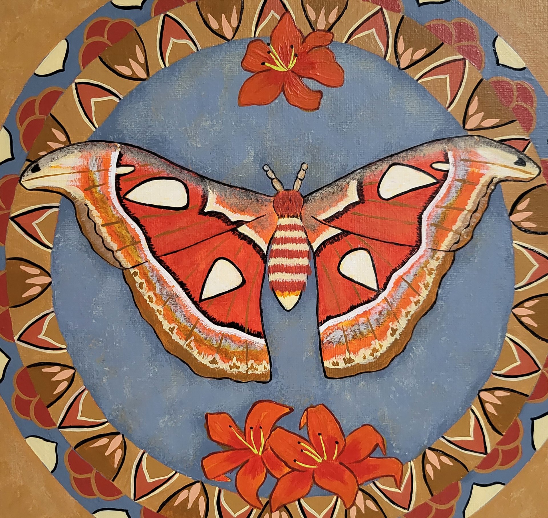 Atlas Moth and Tiger Lilies- Original Mandala Painting 12x12