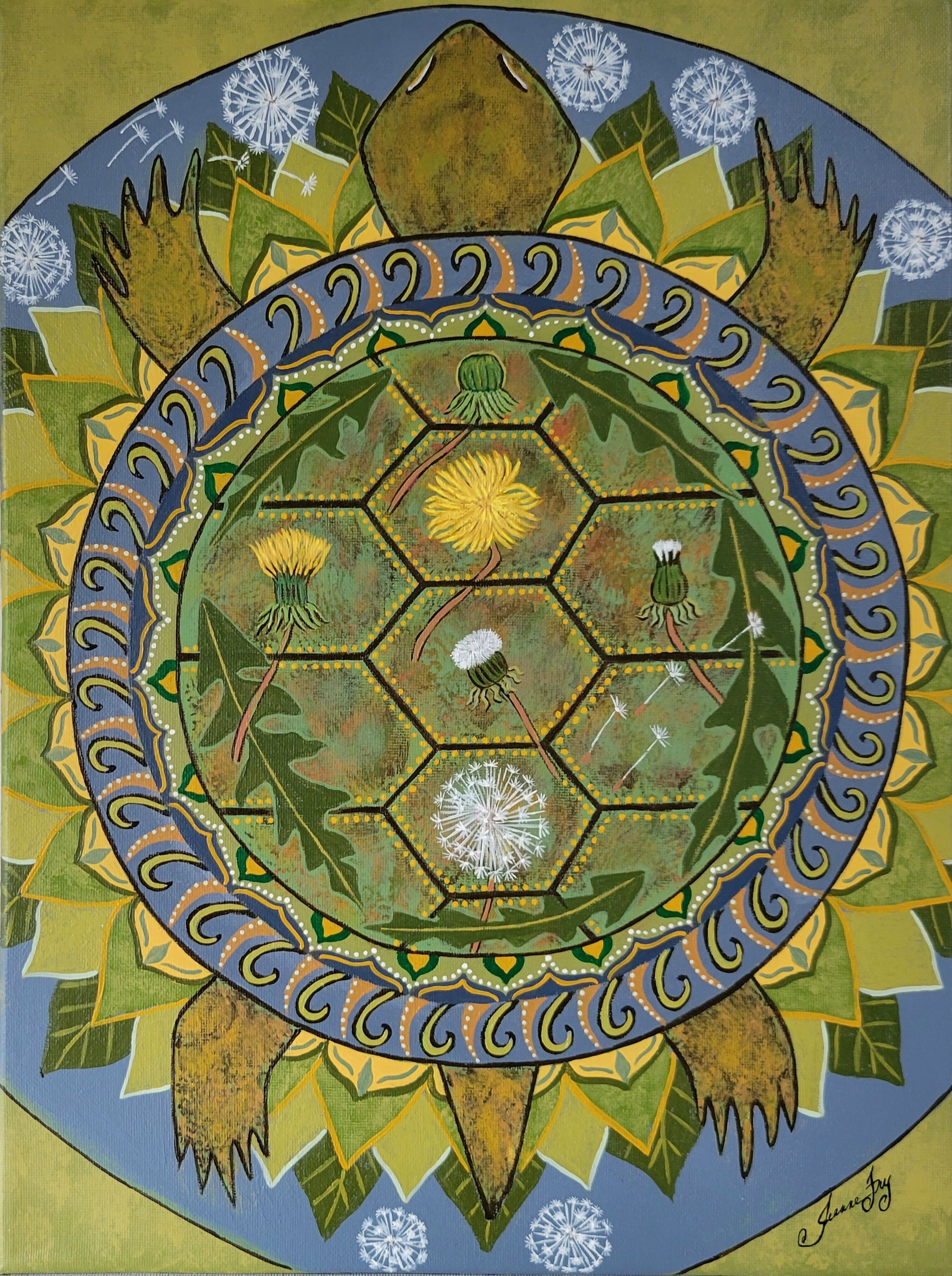 Cycles of Life - Original Mandala Painting - Turtle with Dandelions 12x16