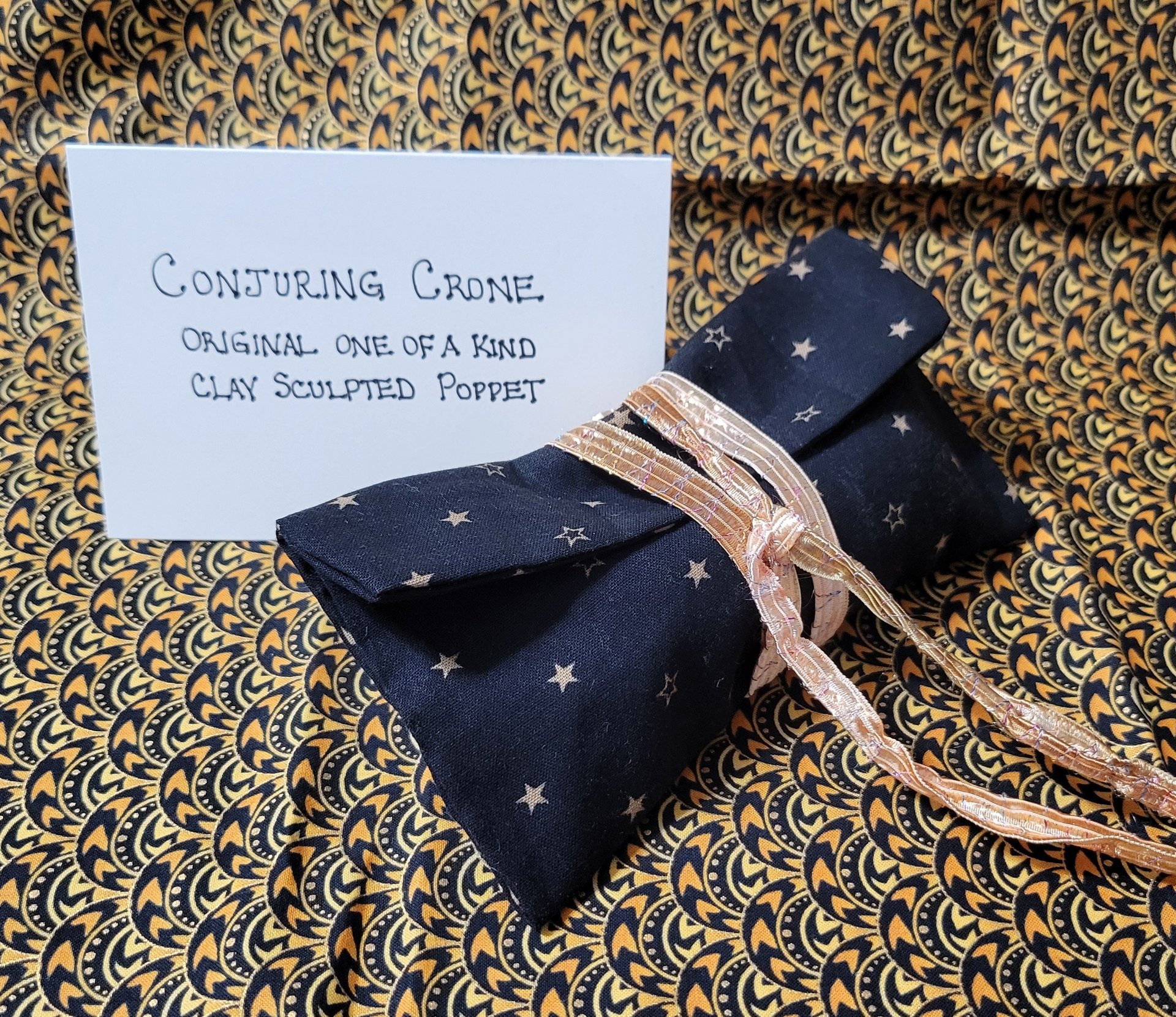Conjuring Crone - OOAK Clay Sculpted Poppet with Fabric Pouch