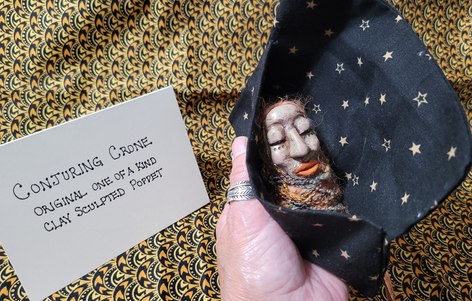 Conjuring Crone - OOAK Clay Sculpted Poppet with Fabric Pouch