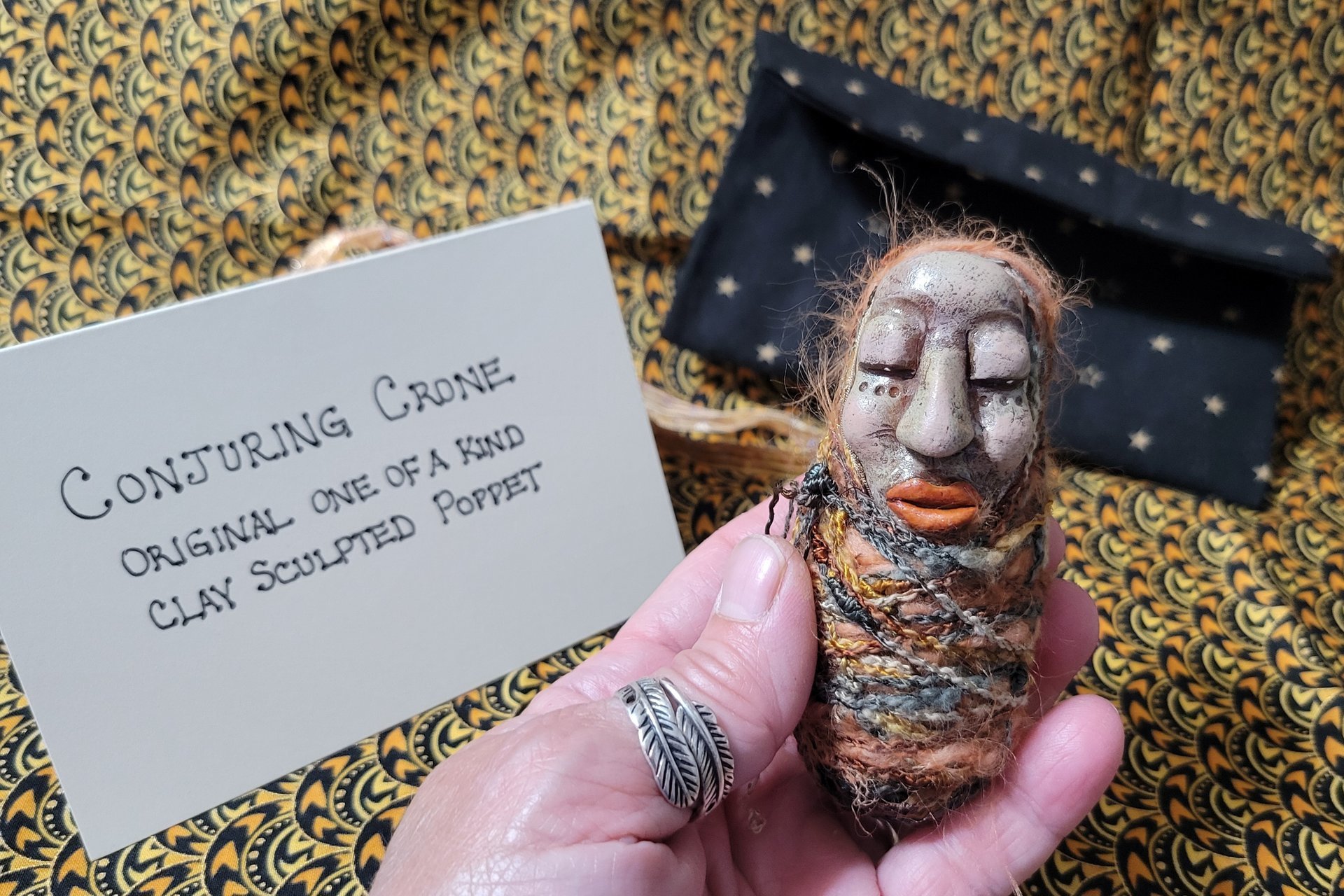 Conjuring Crone - OOAK Clay Sculpted Poppet with Fabric Pouch