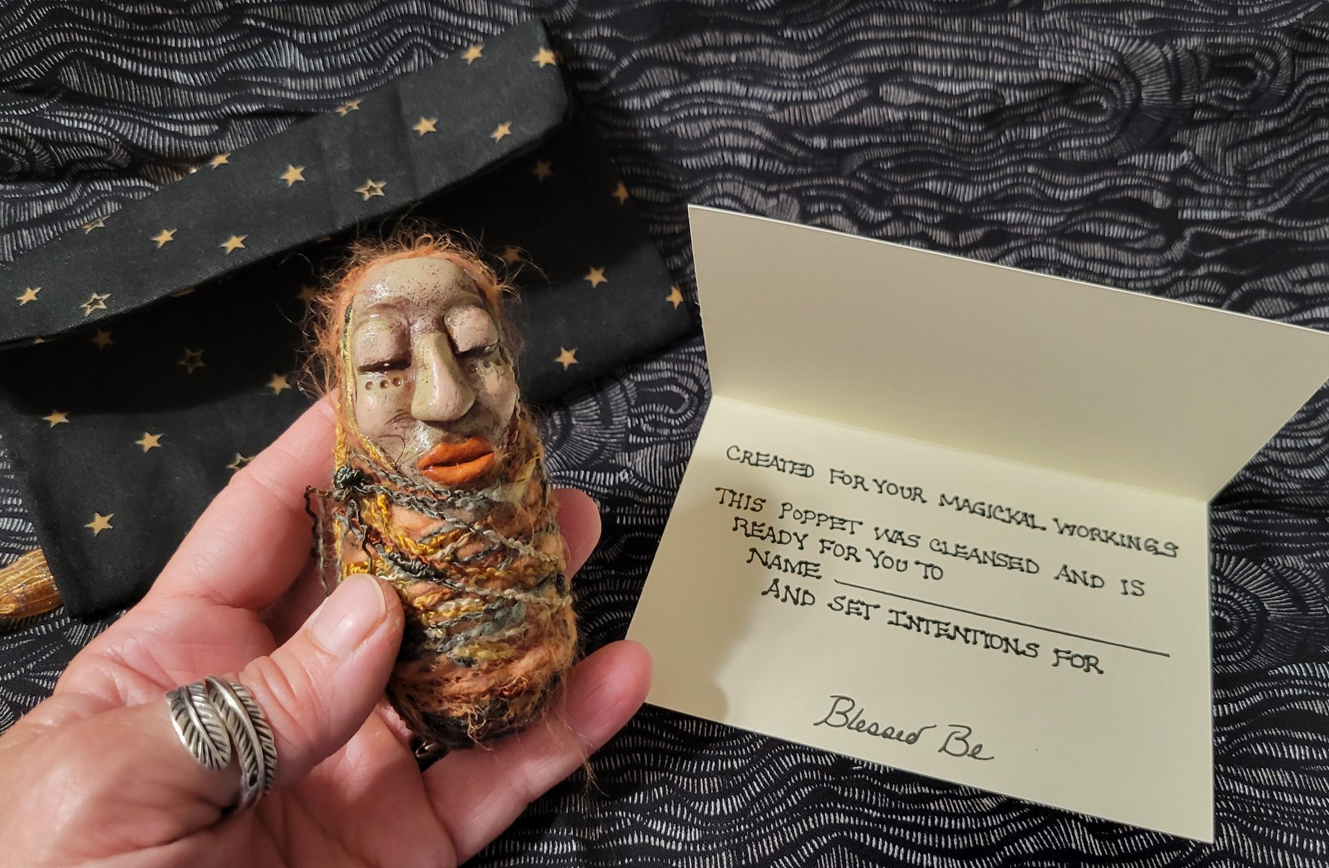 Conjuring Crone - OOAK Clay Sculpted Poppet with Fabric Pouch