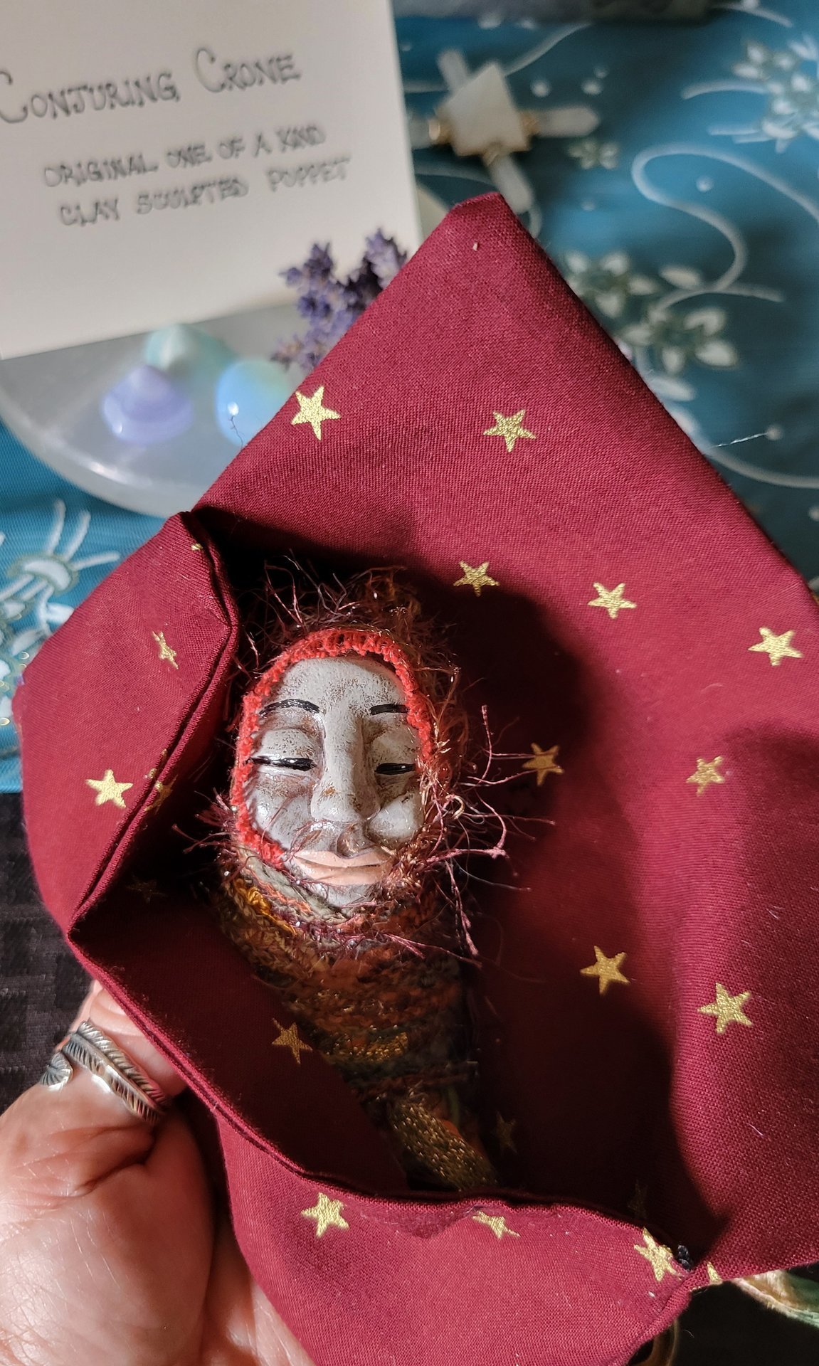 Conjuring Crone - OOAK Clay Sculpted Poppet with Fabric Pouch
