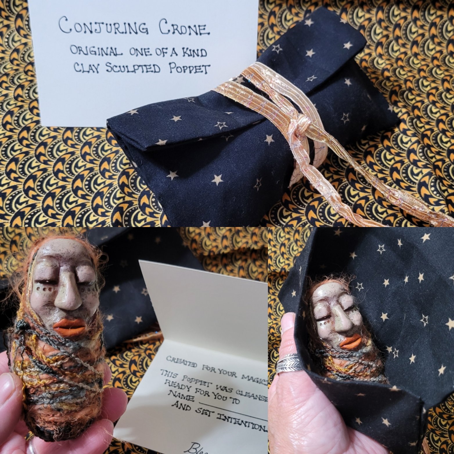 Conjuring Crone - OOAK Clay Sculpted Poppet with Fabric Pouch