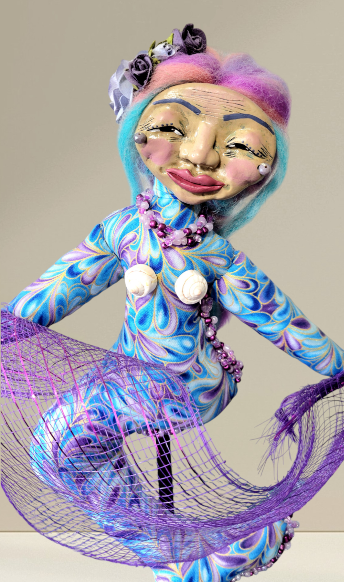 Myrtle - OOAK Beaded Mermaid Art Doll on Display Stand