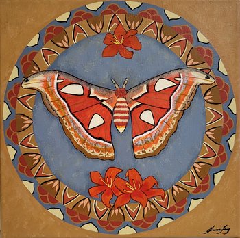 Atlas Moth and Tiger Lilies- Original Mandala Painting 12x12