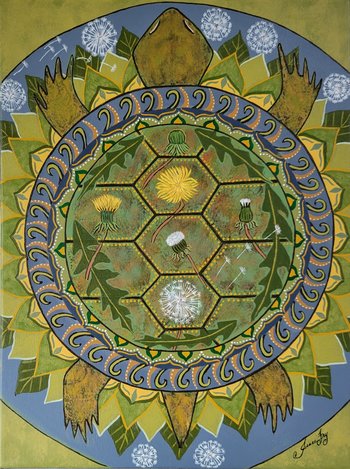 Cycles of Life - Original Mandala Painting - Turtle with Dandelions 12x16